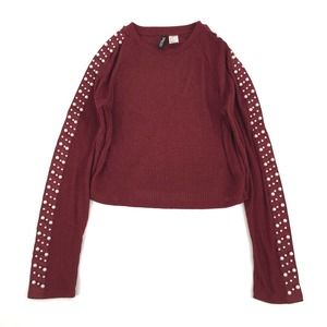 H&M Divided Pearl Studded Long Sleeve Crop Top Small Burgundy Red Ribbed Knit